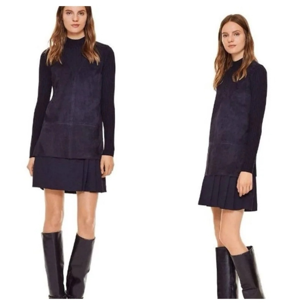 Tory Burch Navy Molly Leather Wool Ribbed Mockneck Sweater Size XS